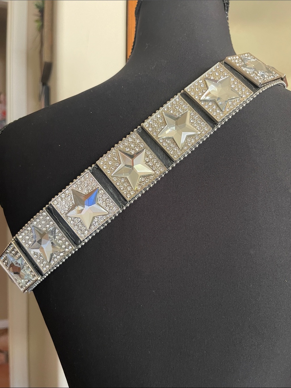 BHW Crystal Star Embellished Black Leather Silver Statement Belt M